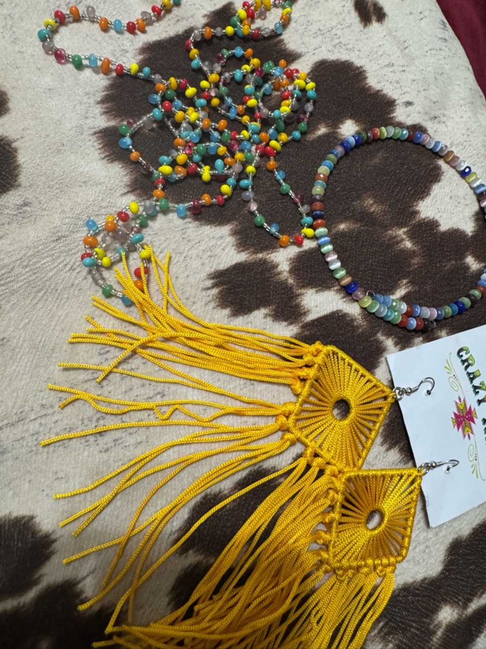 Yellow Macramé Fringe Earrings with Colorful Beaded Necklaces